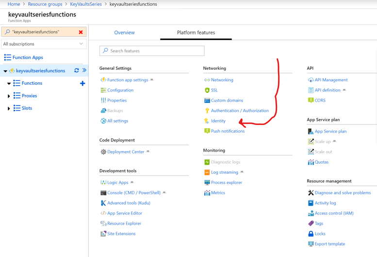 Azure Portal - Azure functions - Identity